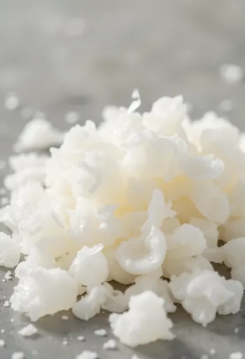 Порошок и хлопья агара на деревянной поверхности, в миске и рядом с готовым желе