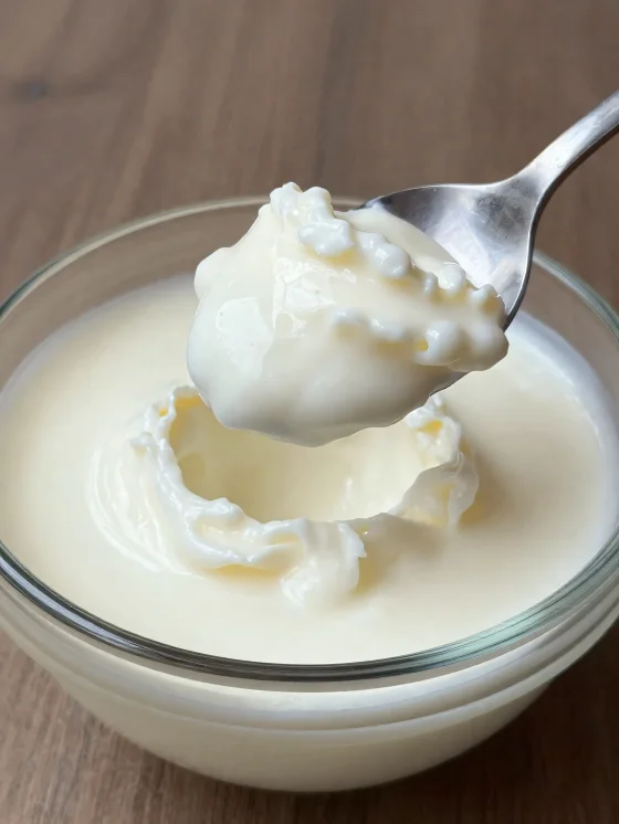 Простокваша в рустикальной керамической миске с ложкой и слегка отделившейся сывороткой