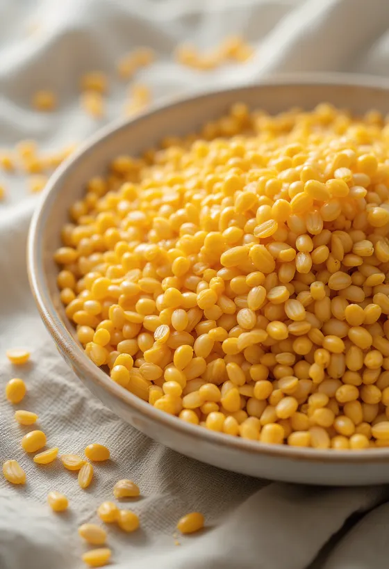 Золотистые семена льна россыпью на деревянном фоне