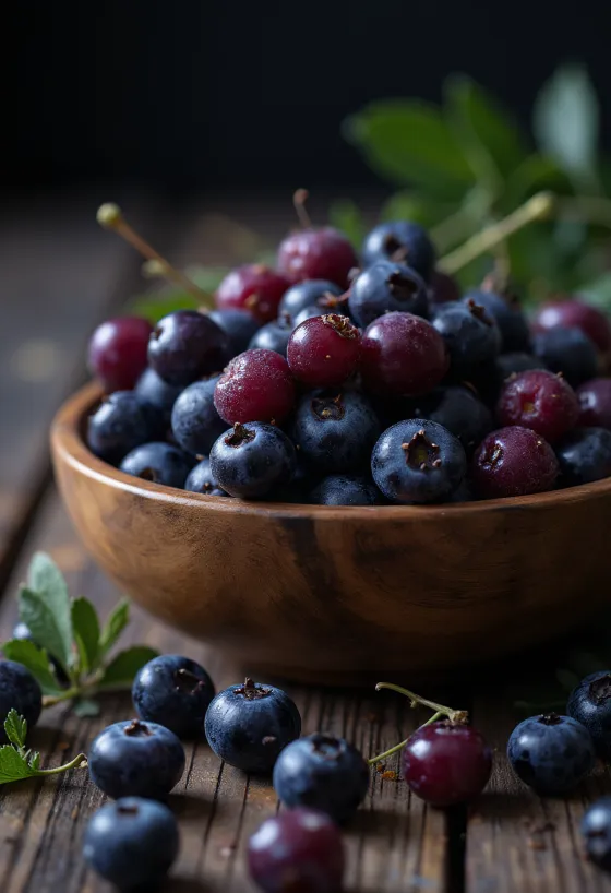 Свежие ягоды черноплодной рябины (аронии) на столе