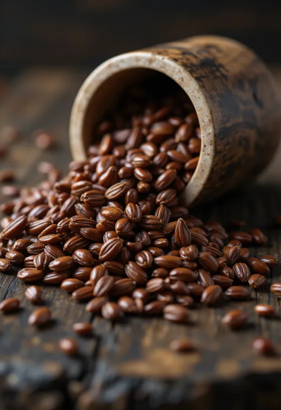 Коричневые семена льна в деревянной ложке и россыпью