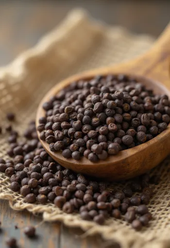 Семена коричневой горчицы в деревянной ложке на столе