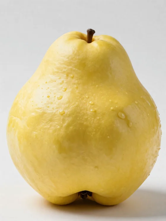 Целые и нарезанные плоды айвы на деревянной поверхности, с зелеными листьями