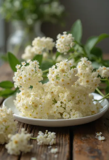 Свежие соцветия бузины на белой тарелке, готовые к переработке