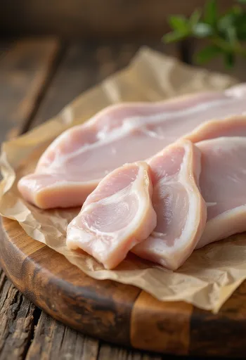 Нарезанная сырая свиная шкурка на деревянной разделочной доске, в очищенном и подготовленном виде