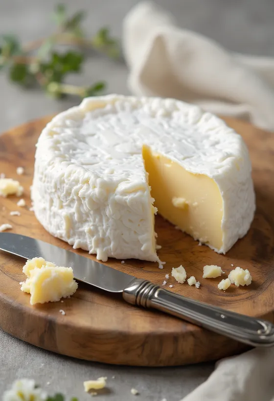 Нарезанный сыр бри на деревянной доске, с кремовой сердцевиной