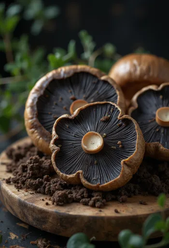 Свежие ломтики бронзового белого гриба с чесноком и травами