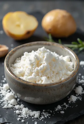 Белоснежный картофельный крахмал в миске и на ложке