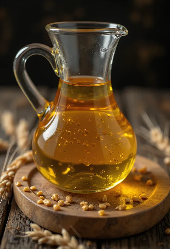 Масло зародышей пшеницы в стеклянной пиале с зернами пшеницы