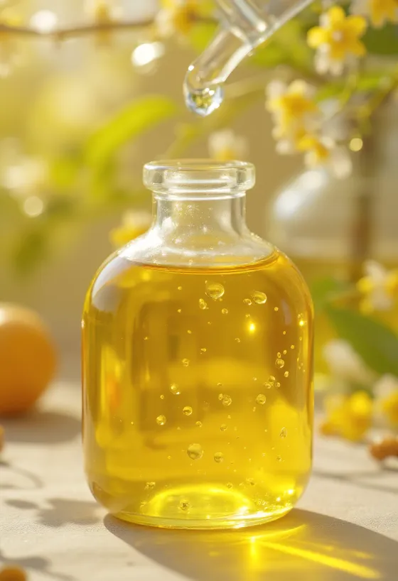 Бутылочка масла чиа и семена в деревянной чаше