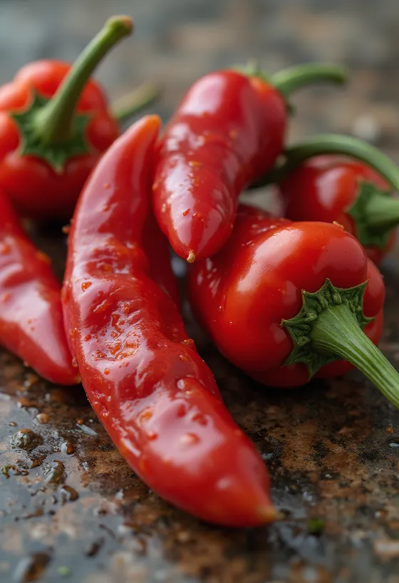 Свежие стручки красного перца чили, целые и нарезанные на доске