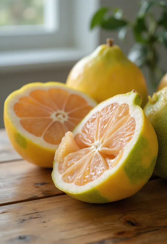 Целый и разрезанный фрукт помело на деревянном столе с зелеными листьями