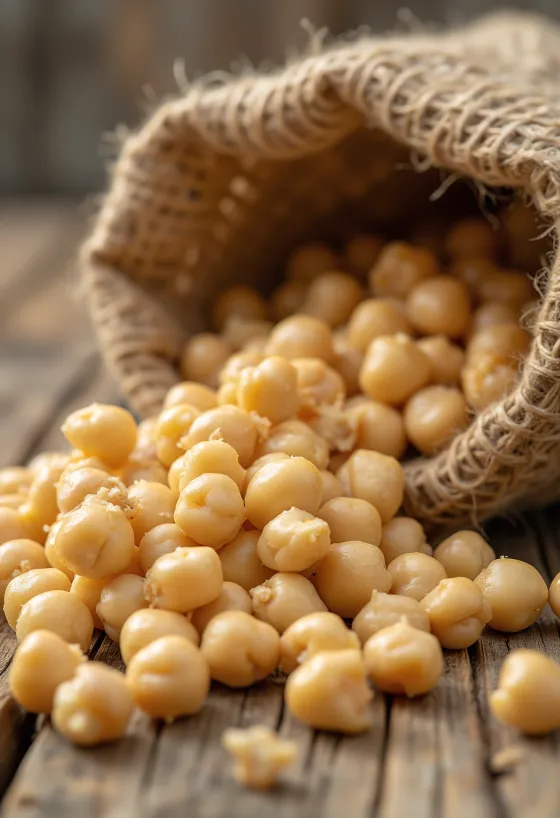 Нут в миске и рассыпанный на рустикальном столе