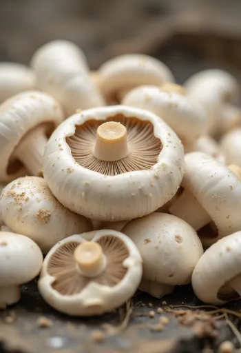 Свежие шампиньоны на деревенской кухне, целые и нарезанные