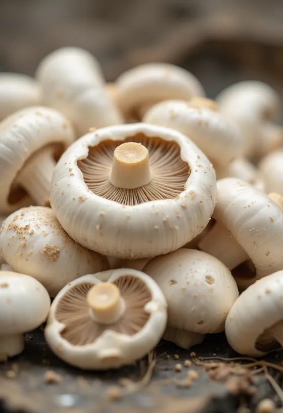 Свежие шампиньоны на деревенской кухне, целые и нарезанные