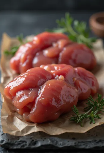 Свежая сырая куриная печень на деревянной доске