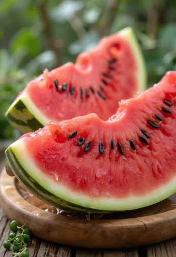 Свежий нарезанный арбуз с красной мякотью на деревянном столе