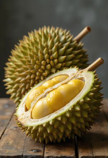 Целый и разрезанный дуриан с шипами и кремовой мякотью