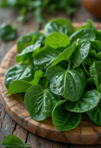 Свежие листья батата, собранные в пучок или миску