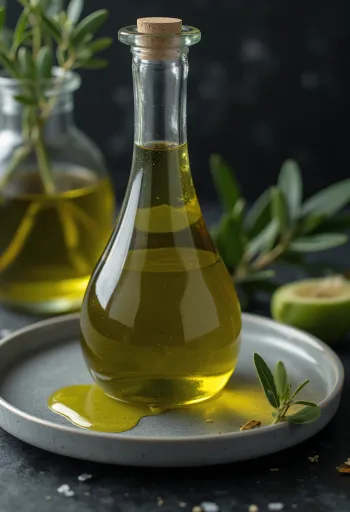 Бутылка и пиала с оливковым маслом Extra Virgin на светлом фоне