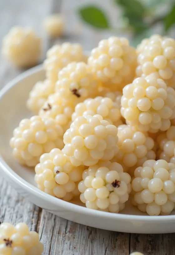 Свежие ягоды белой шелковицы (Morus alba), целые и в разрезе