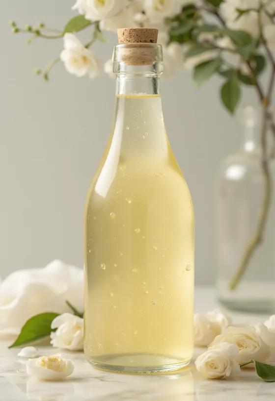 Белый винный уксус в стекле, рядом виноград и бутыль с уксусной маткой