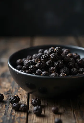 Черный перец горошком в деревянной миске и россыпью