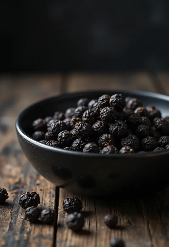 Черный перец горошком в деревянной миске и россыпью