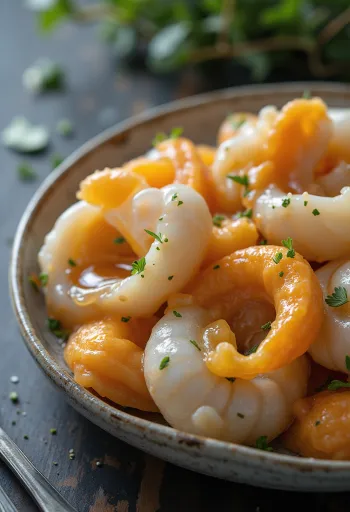 Свежее мясо мидий на льду, сервированное с лимоном и петрушкой