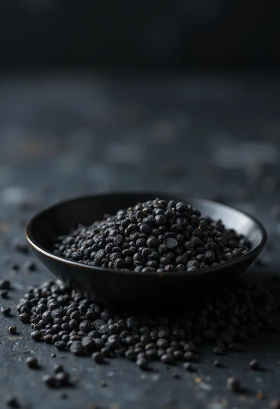 Семена черной горчицы в керамической плошке на деревянном фоне