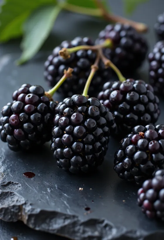 Свежие ягоды черной шелковицы (Morus nigra), целые и в разрезе