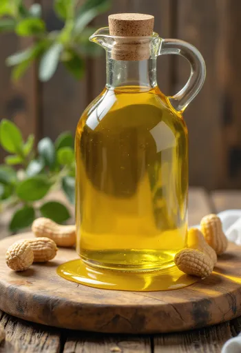 Бутылка арахисового масла и очищенный арахис