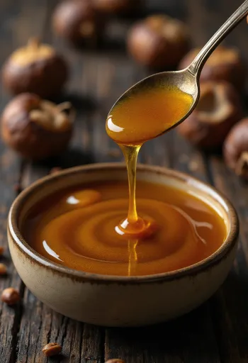 Темный каштановый мед в банке с ложкой для меда