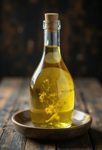 Хлопковое масло в бутылке и миске рядом с веткой хлопка