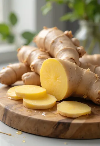 Свежий корень имбиря ломтиками и в натертом виде на деревянном столе
