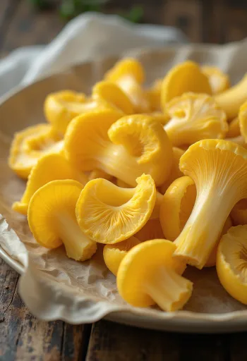 Свежая нарезанная лисичка бледная со специями на рустикальной доске