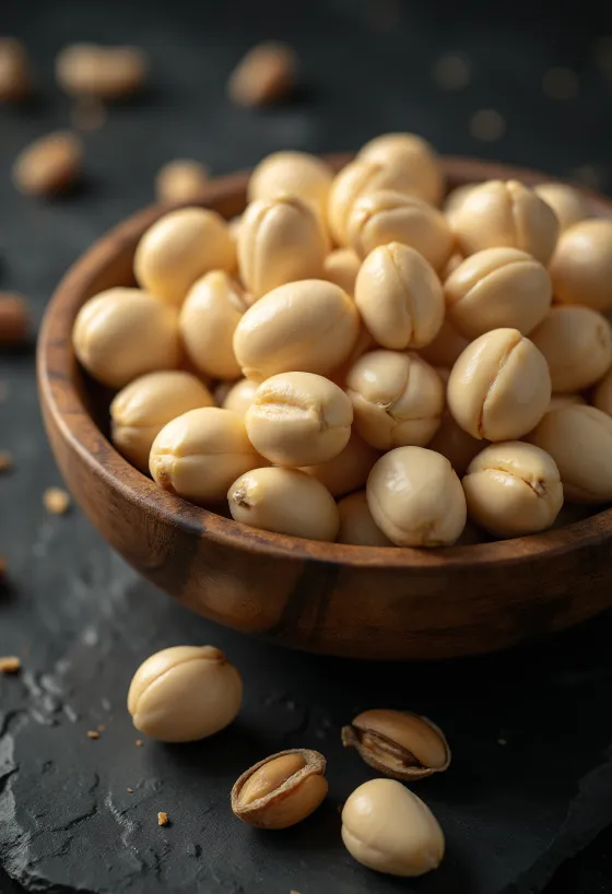 Круглые очищенные орехи макадамия крупным планом