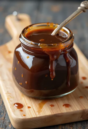 Темный соус хойсин в миске, рядом соя, чеснок, специи и кунжутное масло