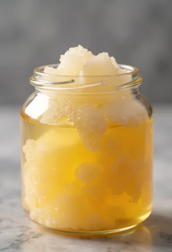 Инвертный сироп в банке, стекающий с ложки, на светлом фоне