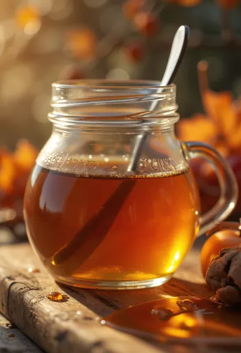 Янтарный кленовый сироп в бутылочке и на ложке