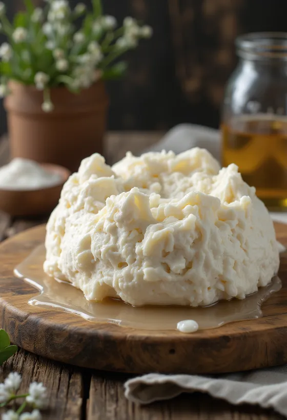 Кусочки свежего овечьего творога на деревянной доске