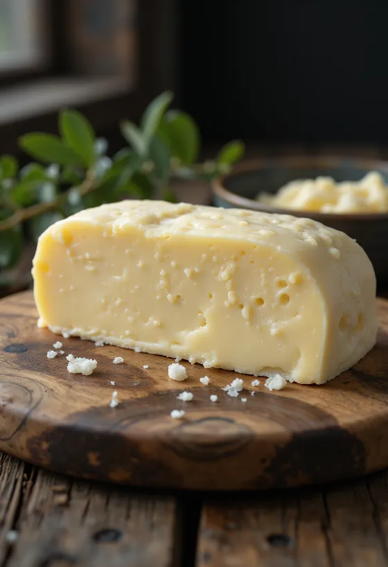 Кремовое овечье масло в керамической плошке на деревянном фоне