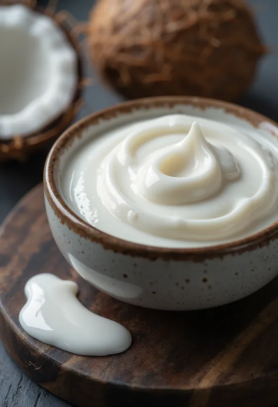 Густые кокосовые сливки в стеклянной чаше, рядом половинка кокоса