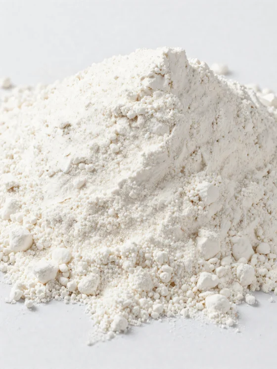 Кокосовая мука в керамической миске, светлый порошок нежной текстуры на деревянной поверхности