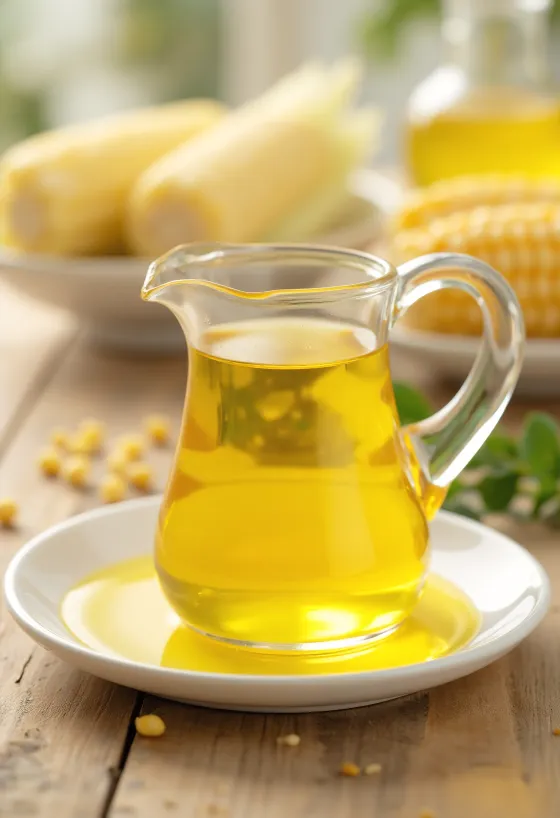 Бутылка кукурузного масла с зернами кукурузы и крупой