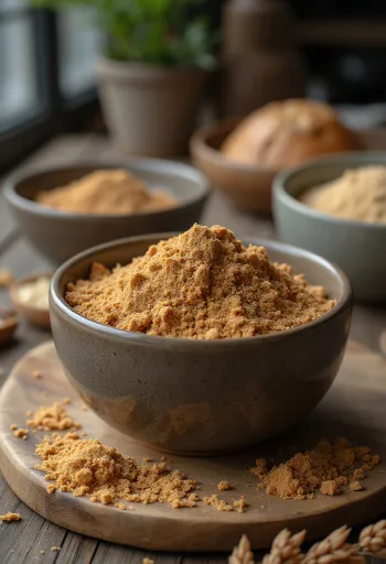 Льняная мука в керамической миске, с деревянной ложкой и рассыпанная