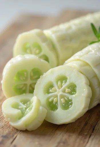 Слайсы белого огурца на разделочной доске среди зелени