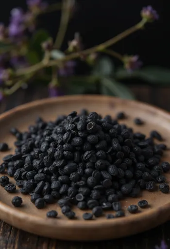 Семена черной горчицы, рассыпанные на деревянной поверхности