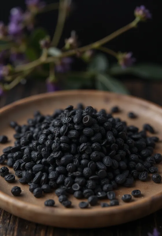 Семена черной горчицы, рассыпанные на деревянной поверхности