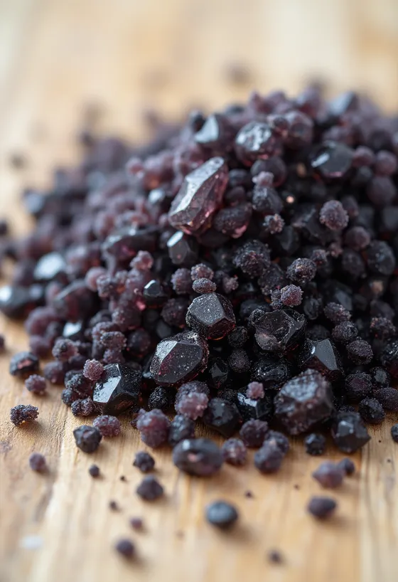 Черная соль в баночке и рассыпанные кристаллы с деревянной ложкой